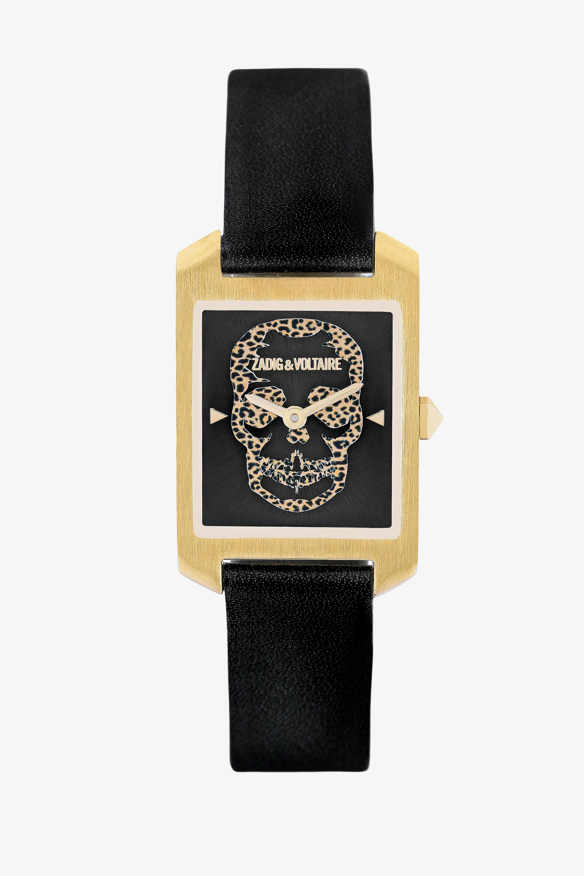 Dial Leo Timeline Watch Women’s gold-tone watch with rectangular dial featuring a leopard-print skull and black leather strap