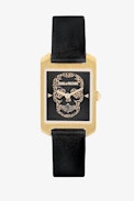 Reloj Dial Leo Timeline  - Reloj para mujer con esfera rectangular dorada y fondo de calavera con estampado de leopardo, provisto de una correa de piel negra