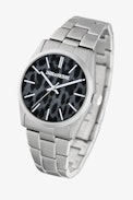 Reloj Fusion Leo  - Reloj de acero inoxidable plateado con caja redonda de 36 mm de diámetro, esfera caqui con estampado de leopardo, movimiento de cuarzo, funciones: hora/minutos, resistente al agua hasta 5 bares, correa de acero
