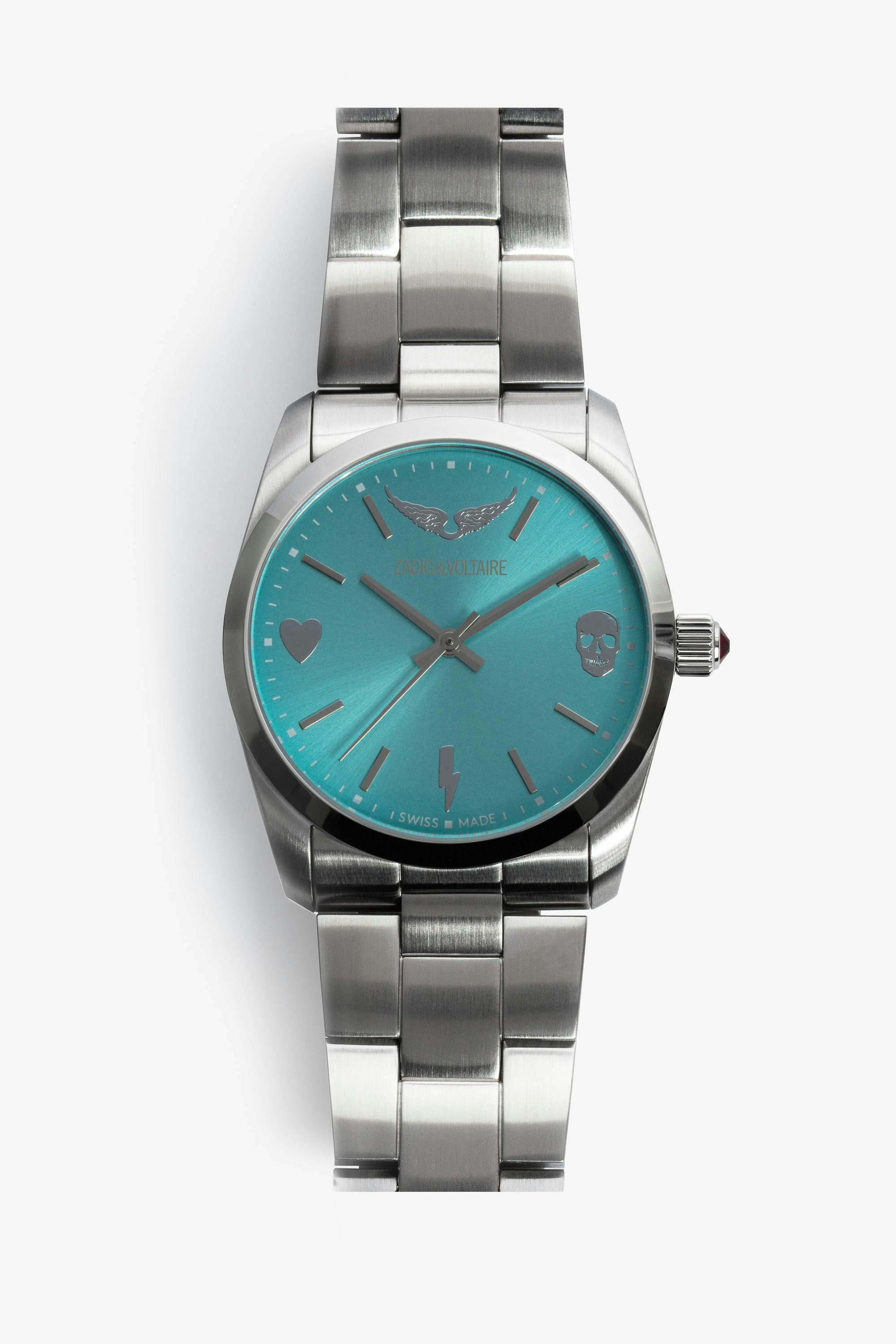 Montre Time2Love - Montre en acier inoxydable à cadran bleu.