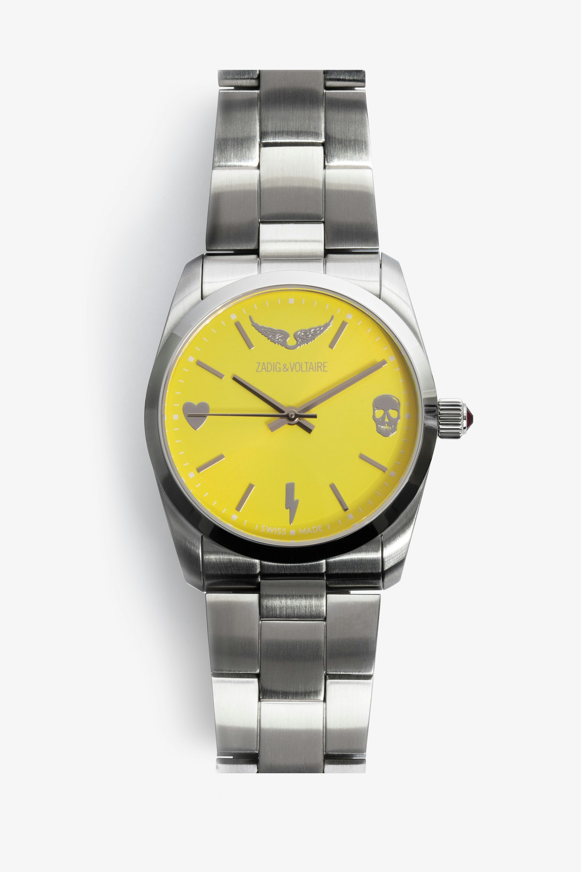 Uhr Time2Love - Damenuhr aus grauem Edelstahl mit gelbem Zifferblatt
