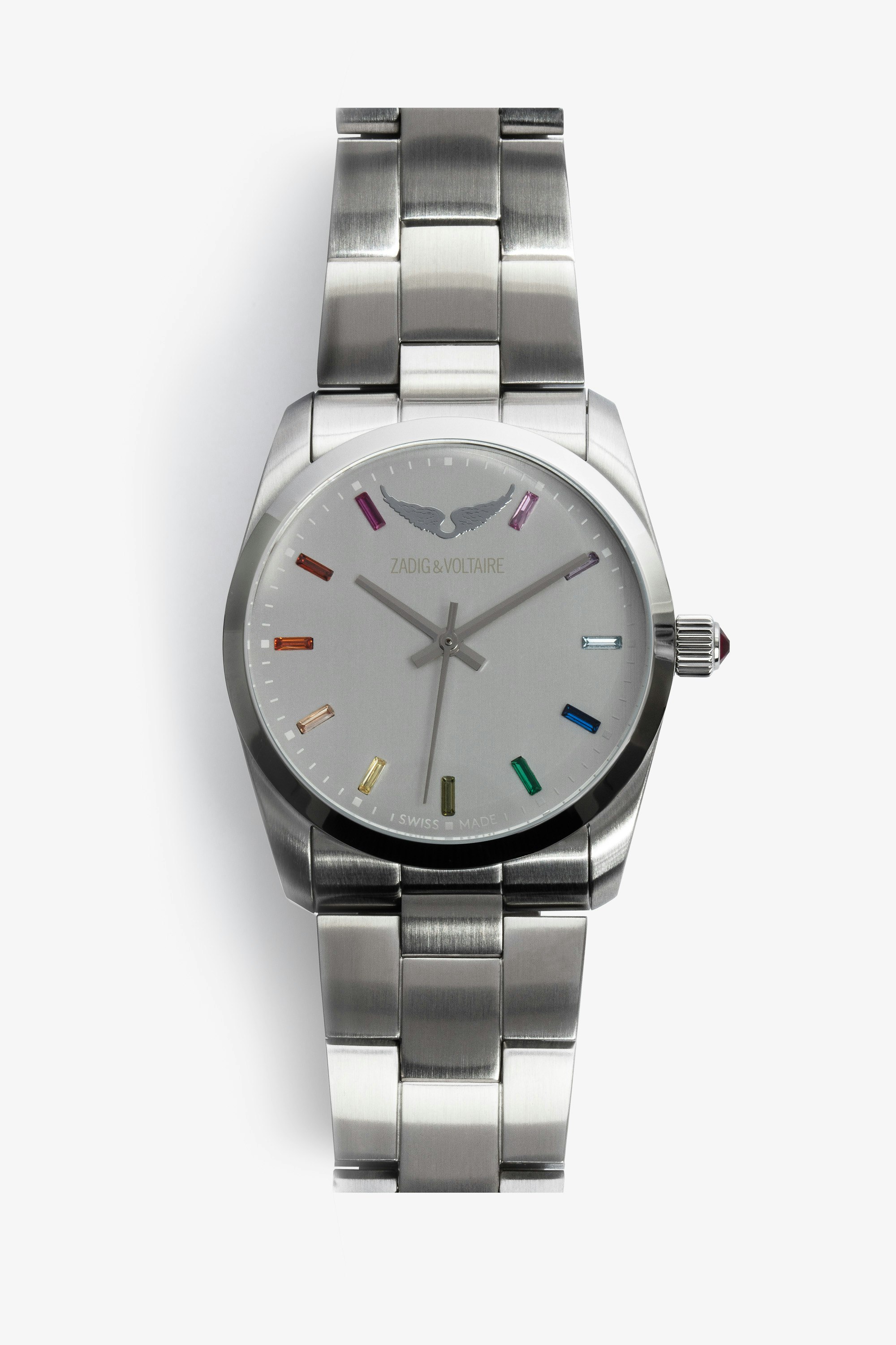 Uhr Time2Love - Damenuhr aus silberfarbenem Edelstahl mit einem mit mehrfarbigen Kristallen verzierten Zifferblatt