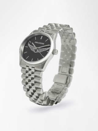 Montre Zadig Small - Montre en acier inoxydable avec cadran noir avec ailes silver et bracelet acier.