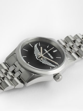 Montre Zadig Small - Montre en acier inoxydable avec cadran noir avec ailes silver et bracelet acier.