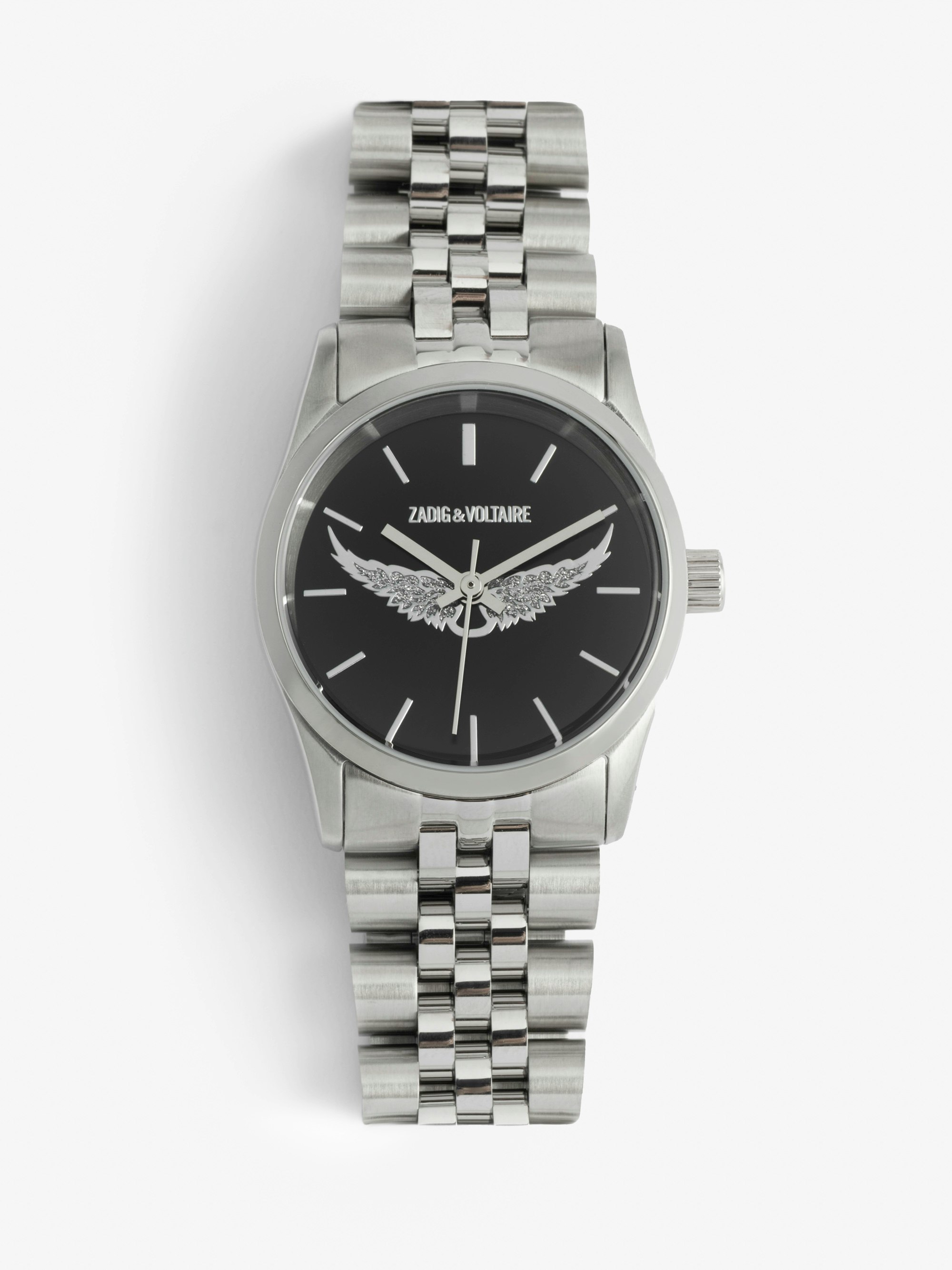 Zadig Small Watch - Stainless steel watch with black dial with silver wings and steel bracelet.