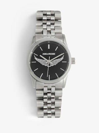 Montre Zadig Small - Montre en acier inoxydable avec cadran noir avec ailes silver et bracelet acier.