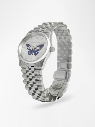 Montre Zadig Small - Montre en acier inoxydable avec cadran silver avec papillon bleu electrique et bracelet acier.