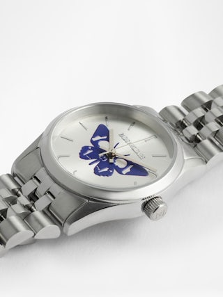 Montre Zadig Small - Montre en acier inoxydable avec cadran silver avec papillon bleu electrique et bracelet acier.