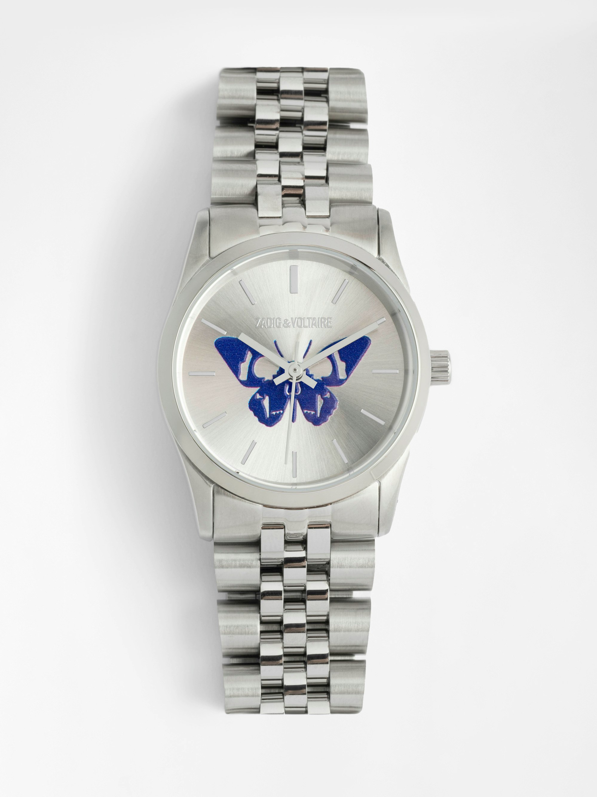 Zadig Small Watch - Stainless steel watch with silver dial featuring electric blue butterfly and steel bracelet.