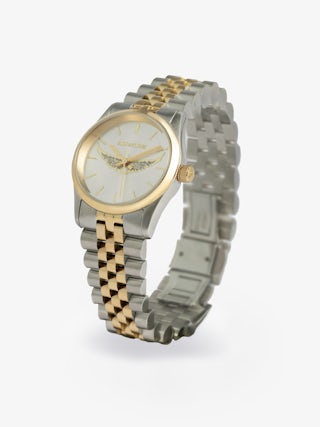 Zadig Small Watch - Stainless steel watch with silver dial with gold wings and steel bracelet.
