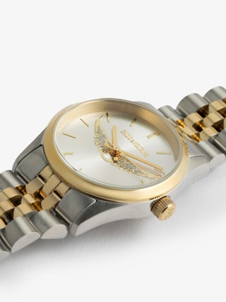 Zadig Small Watch - Stainless steel watch with silver dial with gold wings and steel bracelet.