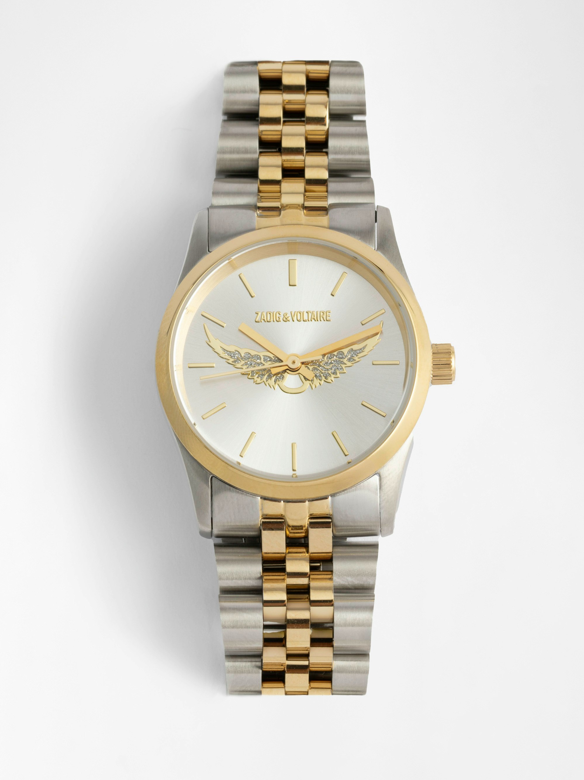 Zadig Small Watch - Stainless steel watch with silver dial with gold wings and steel bracelet.