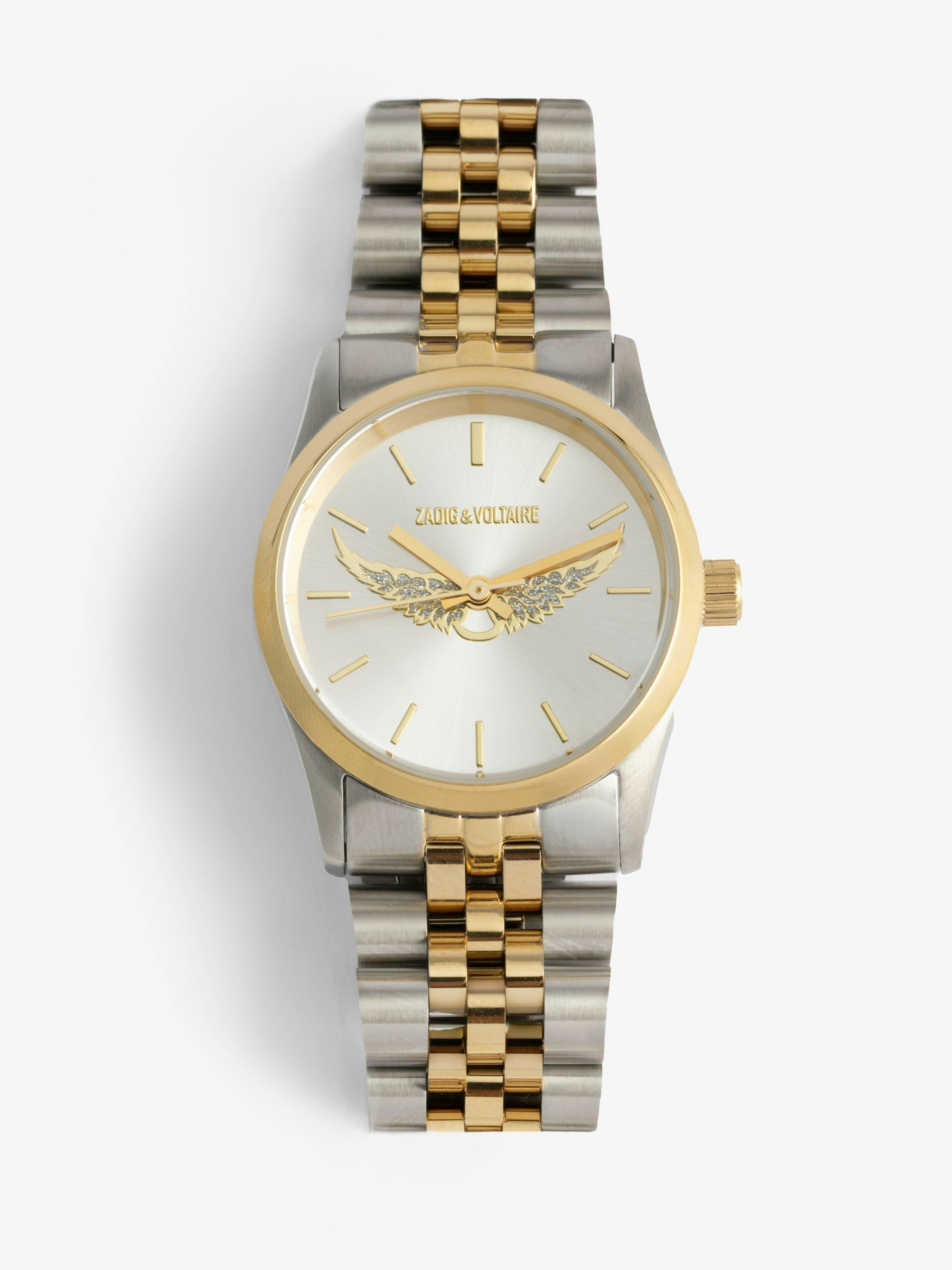 Zadig Small Watch - Stainless steel watch with silver dial with gold wings and steel bracelet.
