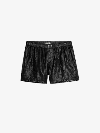 Pax Crinkled Leather Shorts - Women’s black leather shorts.