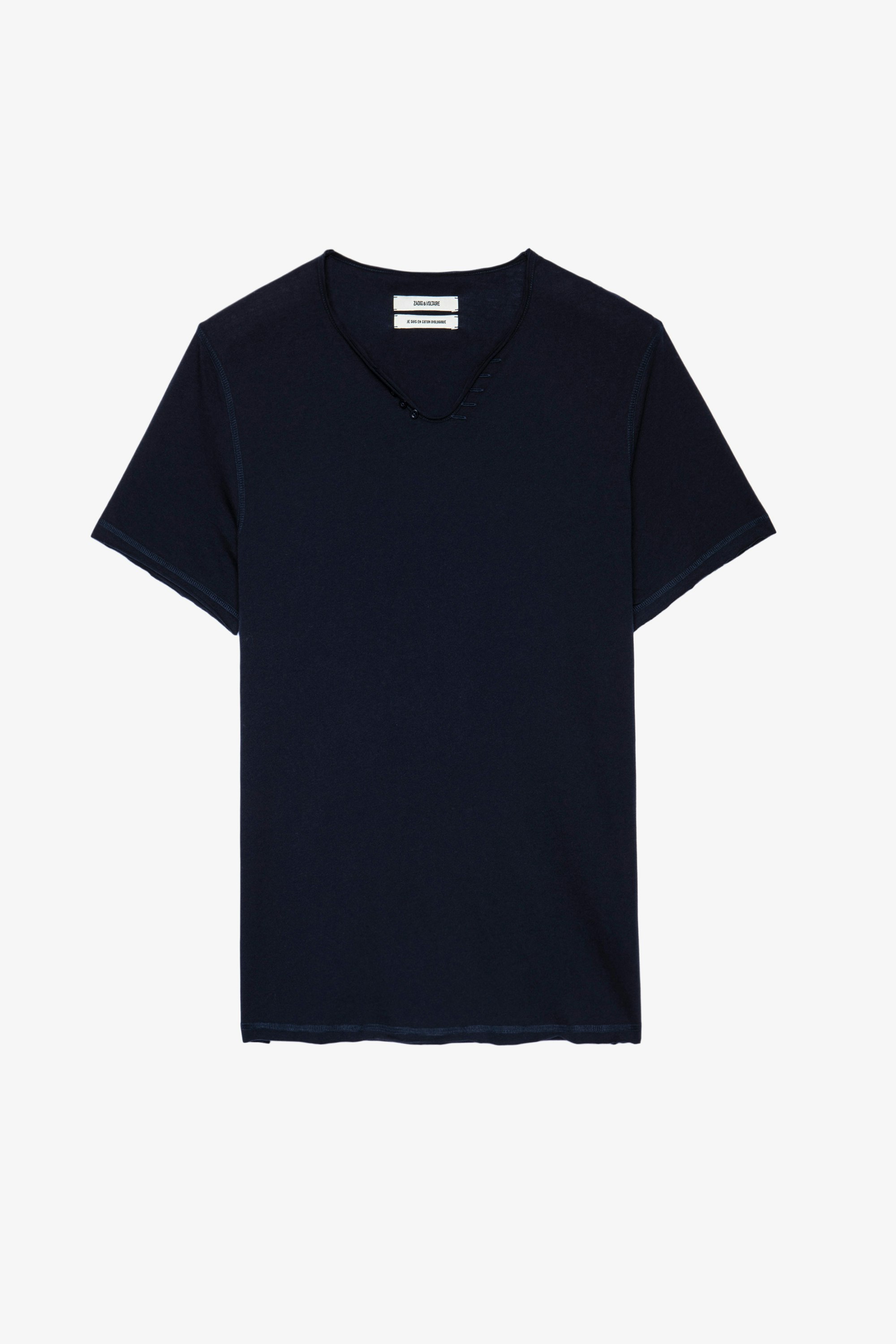 T-shirt Serafino Monastir - T-shirt blu in cotone con collo a serafino