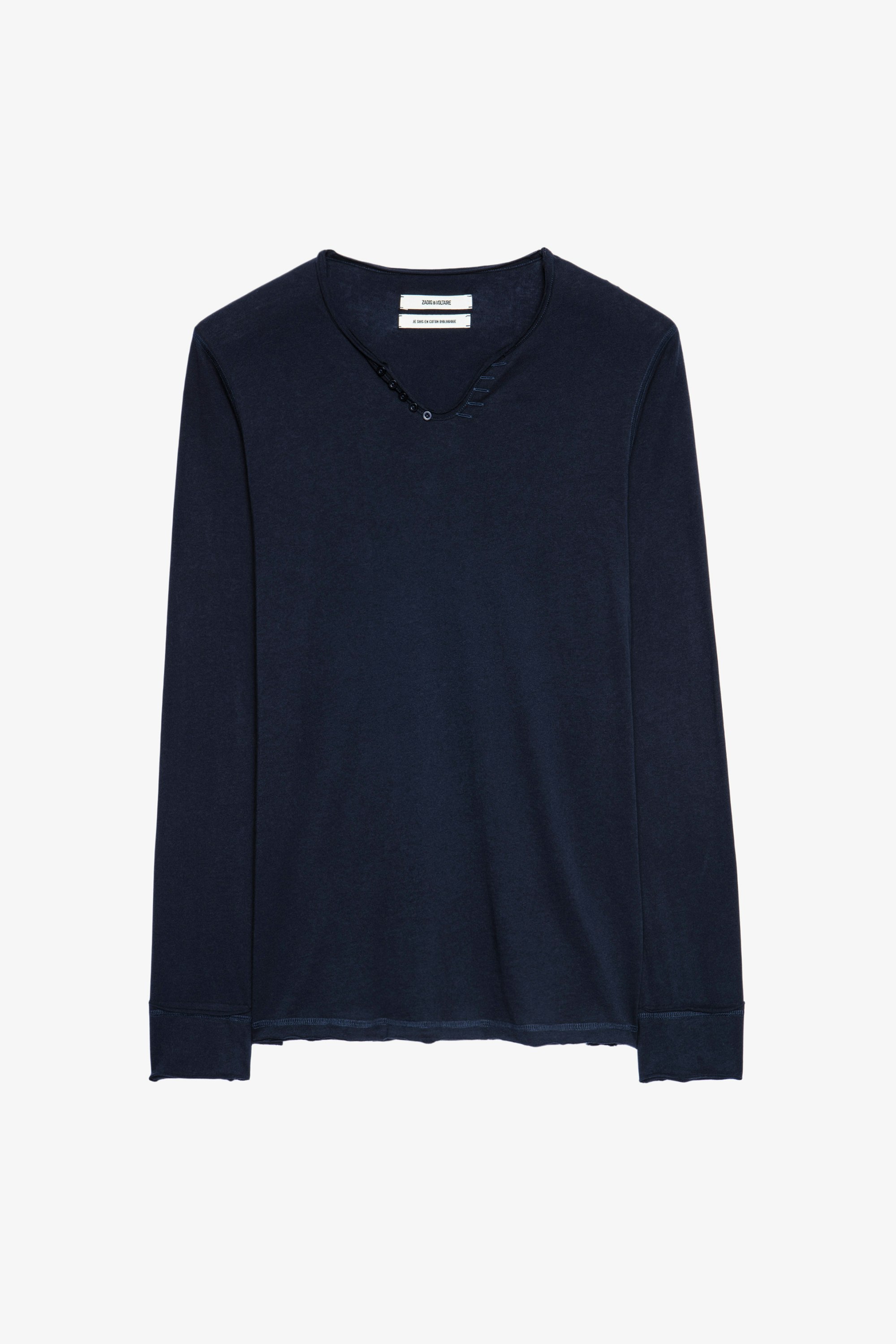 T-shirt Serafino Monastir - T-shirt blu in cotone con collo a serafino