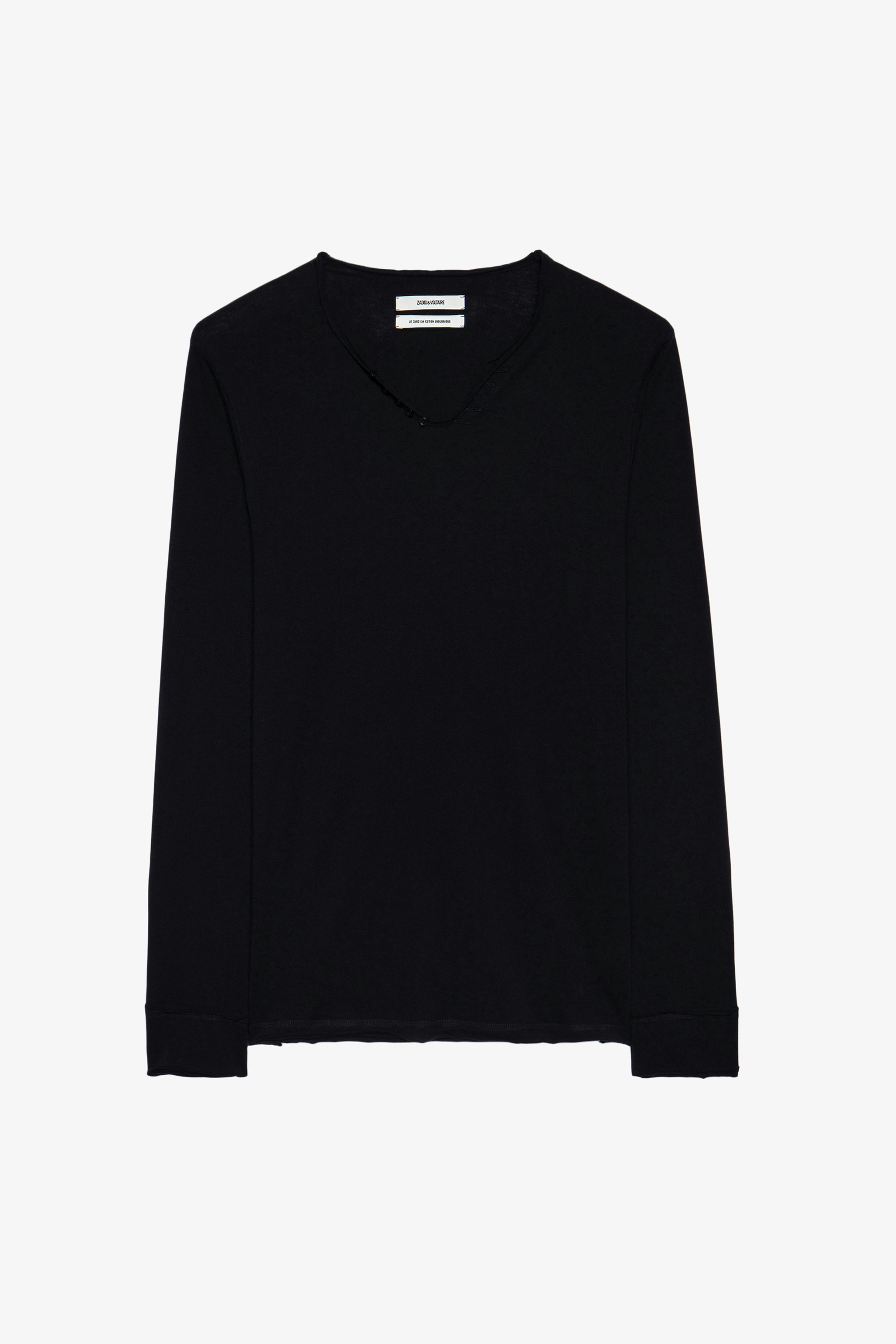 T-shirt Serafino Monastir - T-shirt nera in cotone con collo a serafino