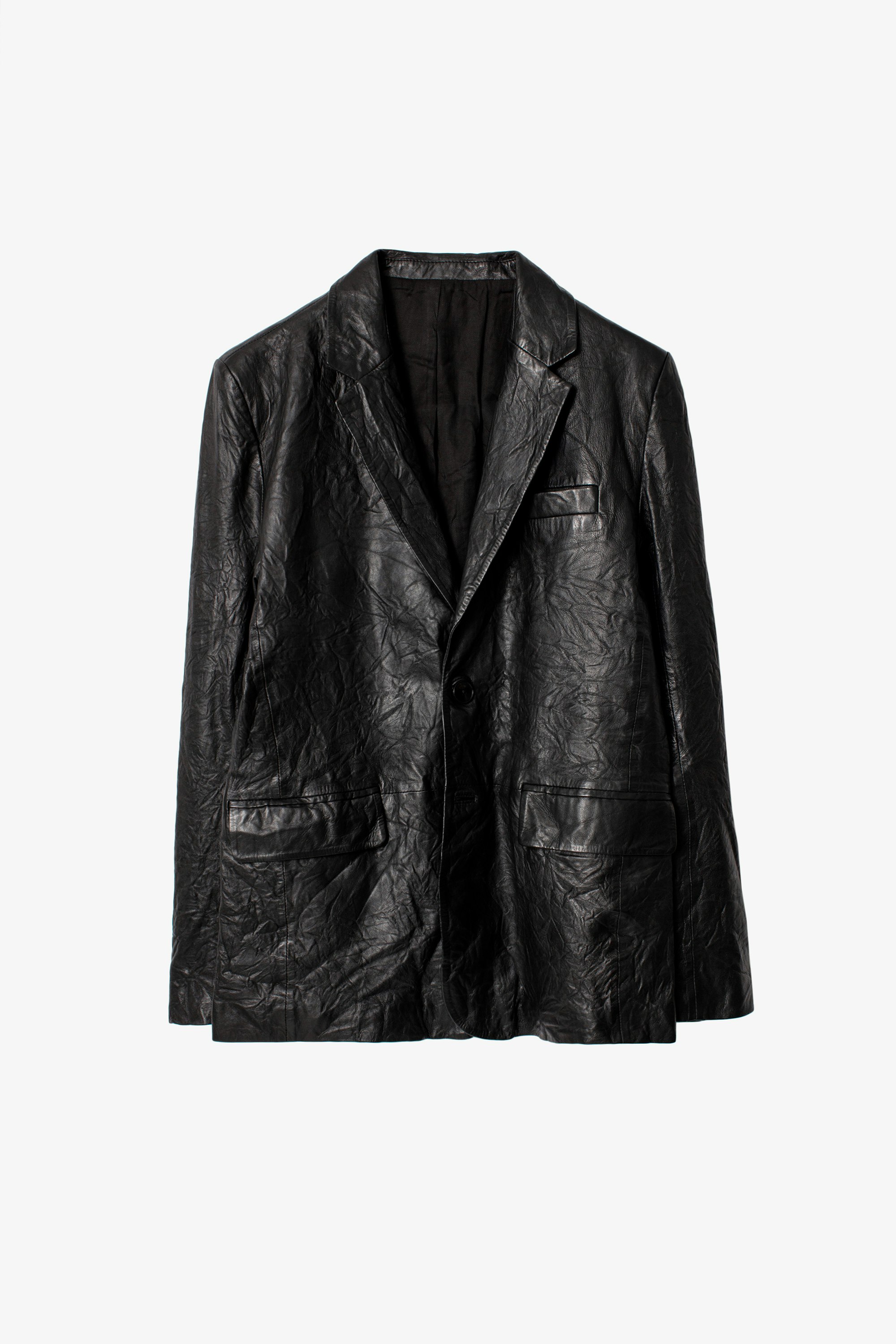 Valfried Crinkled Leather Blazer - Unisex black tailored jacket in crinkled leather.