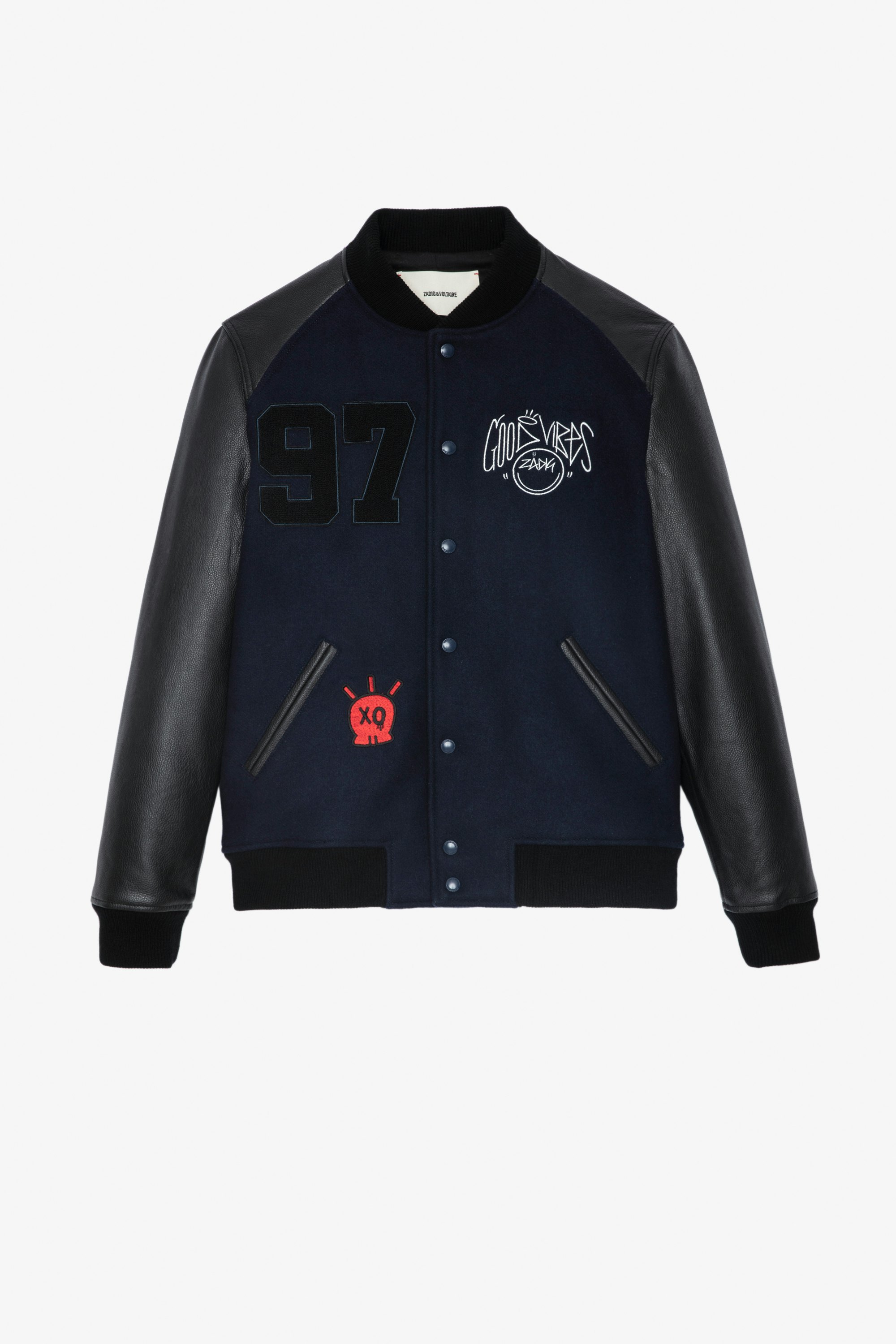 Birdieh Bomber Jacket Men’s bomber jacket in black leather and navy-blue wool with patches and embroidery