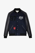 Birdieh Bomber Jacket - Men’s bomber jacket in black leather and navy-blue wool with patches and embroidery