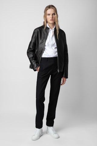 Blouson Lean Cuir - Blouson biker en cuir anthracite unisexe.