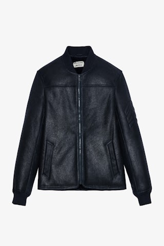 Blouson Leo Shearling - Blouson en shearling bleu marine orné de flèches surpiquées sur la manche unisexe.