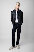 Leo Shearling Jacket - Unisex navy blue shearling jacket with topstitched arrows on the sleeve.