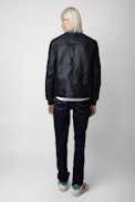 Leo Shearling Jacket - Unisex navy blue shearling jacket with topstitched arrows on the sleeve.