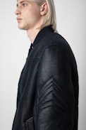 Leo Shearling Jacket - Unisex navy blue shearling jacket with topstitched arrows on the sleeve.