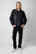Leo Shearling Jacket - Unisex navy blue shearling jacket with topstitched arrows on the sleeve.