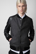 Birdeh Jacket - Men’s anthracite grey leather and wool jacket with “Voltaire” patch on the back.