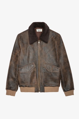 Blouson Mate Cuir - Blouson en cuir effet vintage marron à col fausse fourrure unisexe.