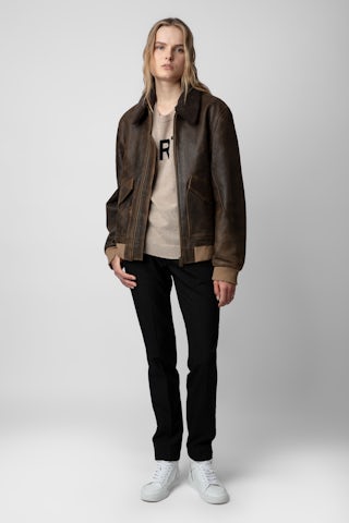 Blouson Mate Cuir - Blouson en cuir effet vintage marron à col fausse fourrure unisexe.