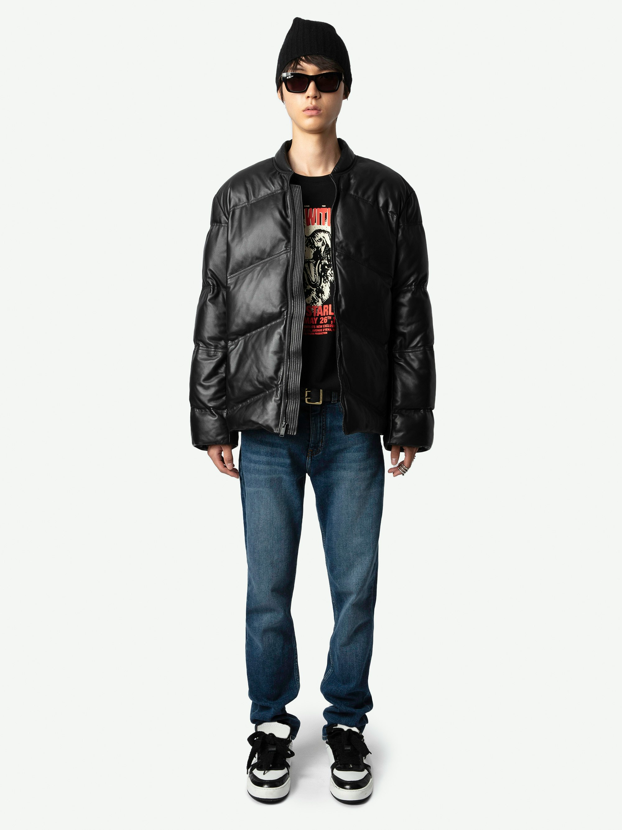 Bony Padded Leather Jacket - Men's padded leather jacket with zipper closure.