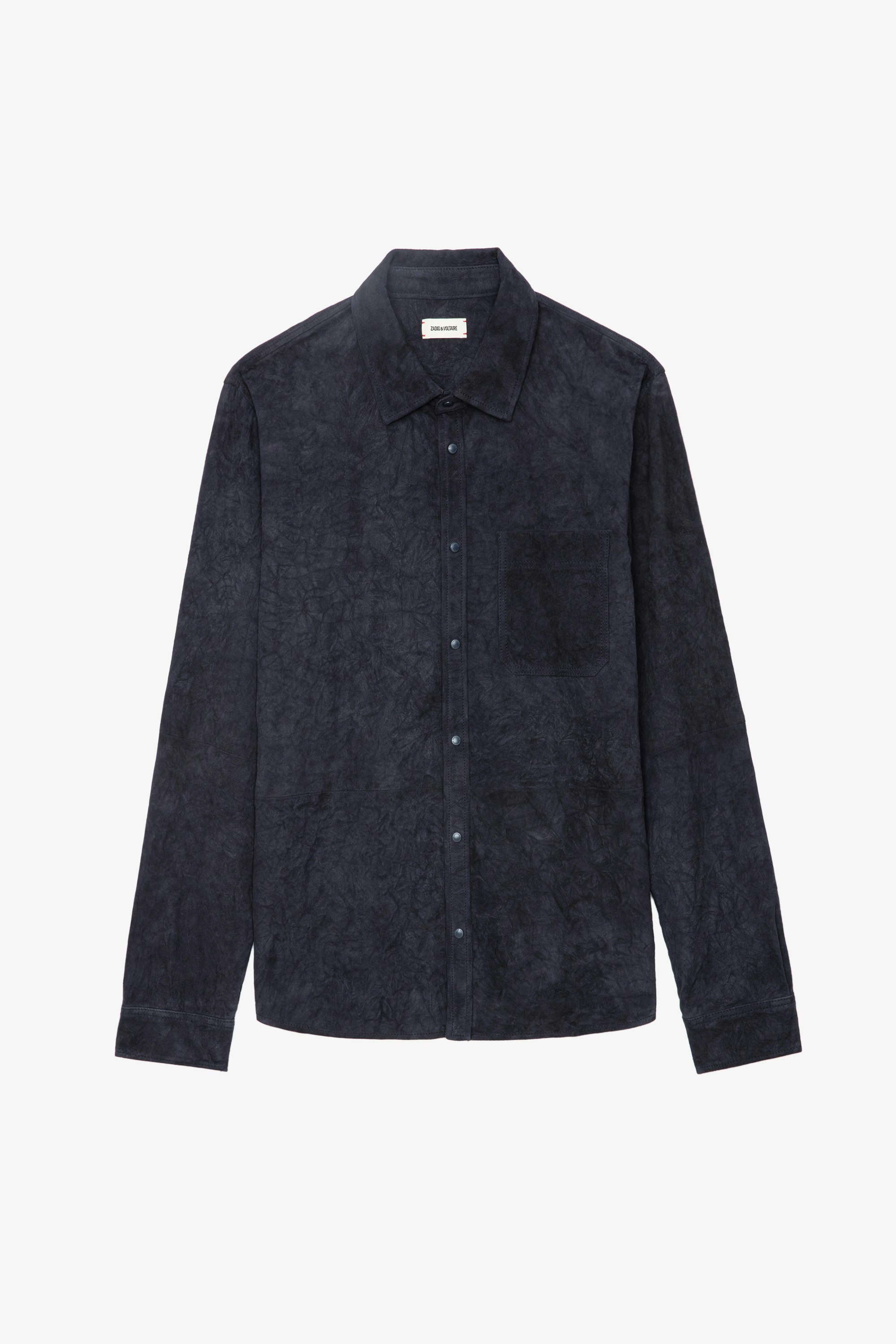 Serge Suede Shirt - Navy blue crinkled suede long-sleeved shirt with button closure.