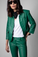 Blazer Verys de cuero arrugado - Chaqueta de mujer de piel verde de efecto arrugado