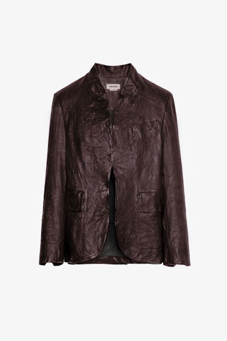 Blazer Verys Cuir Froissé - Veste blazer en cuir froissé marron à manches 3/4.