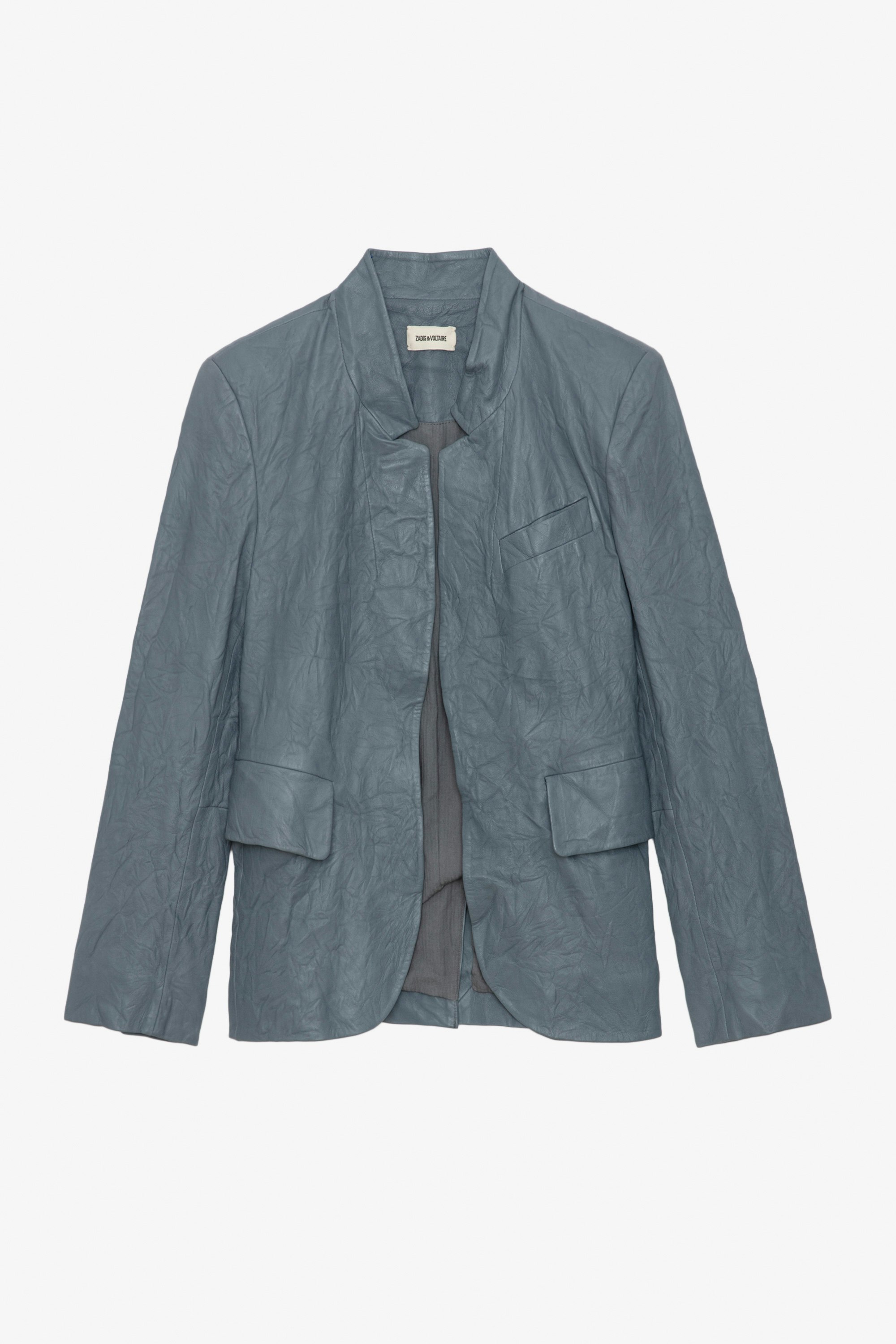 Verys Crinkled Leather Blazer - Women’s light blue crinkled leather blazer with 3/4-length sleeves.