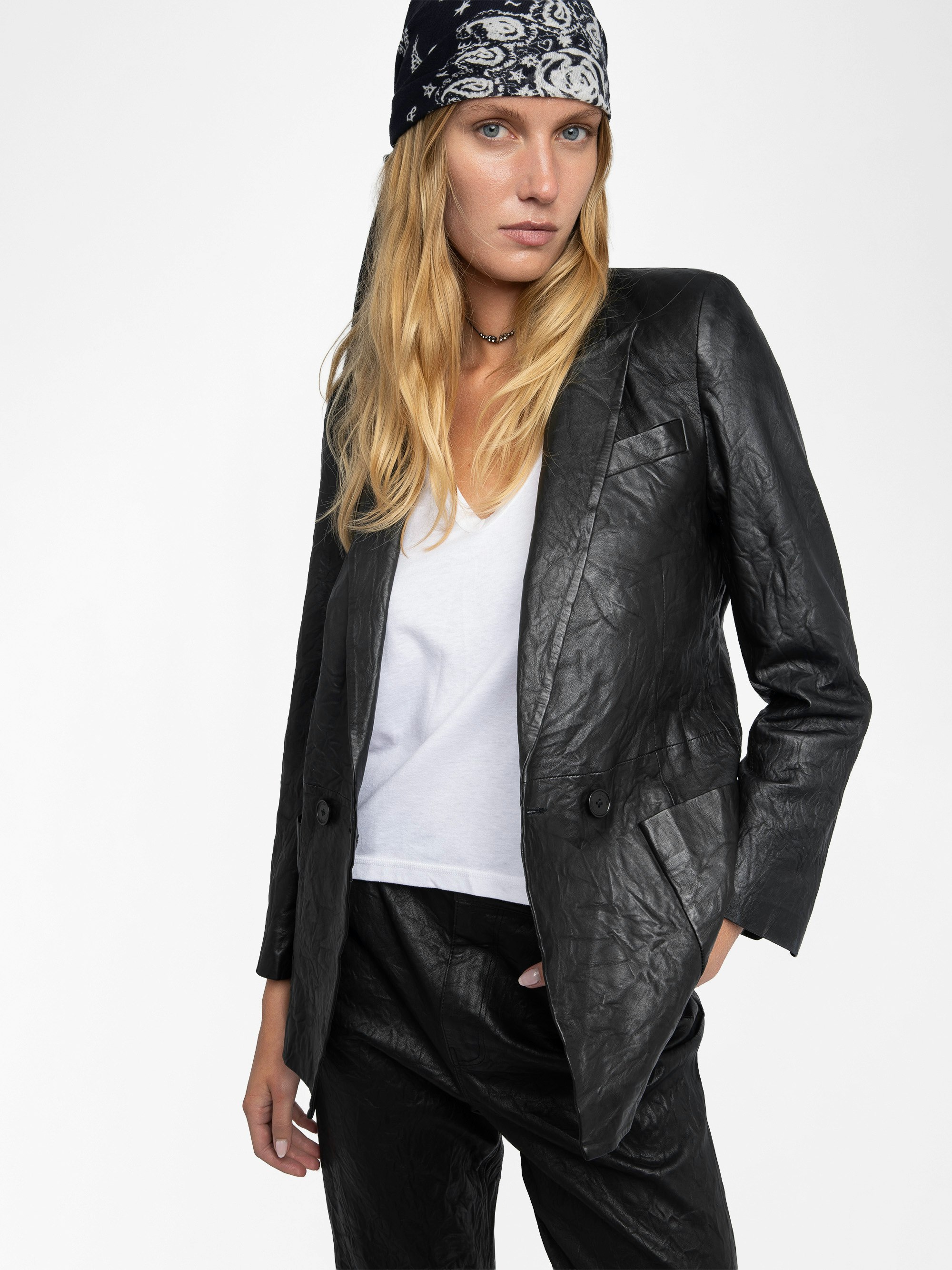 Visco Crinkled Leather Jacket - Women's black crinkled-effect leather jacket.