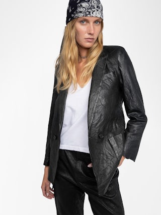 Visco Crinkled Leather Jacket - Women's black crinkled-effect leather jacket.