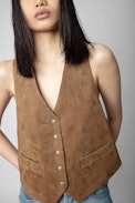 EM Suede Waistcoat - Women’s camel suede sleeveless jacket