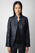 Very Creased Leather Blazer - Women’s navy blue creased leather blazer.