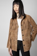Giacca Lala Daim - Giacca in pelle scamosciata color cammello con frange, Donna