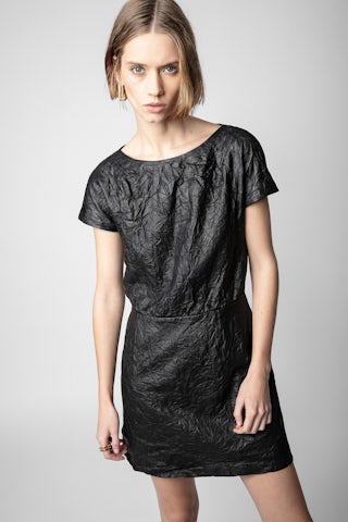 Robe Rexa Cuir Froissé - Women’s creased leather dress with short sleeves