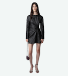 Rixina Crinkled Leather Dress - Women’s short black crinkled knot-effect leather dress.