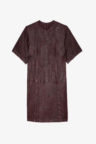 Robe Riddy Cuir Froissé - Robe courte en cuir froissé marron à manches courtes.