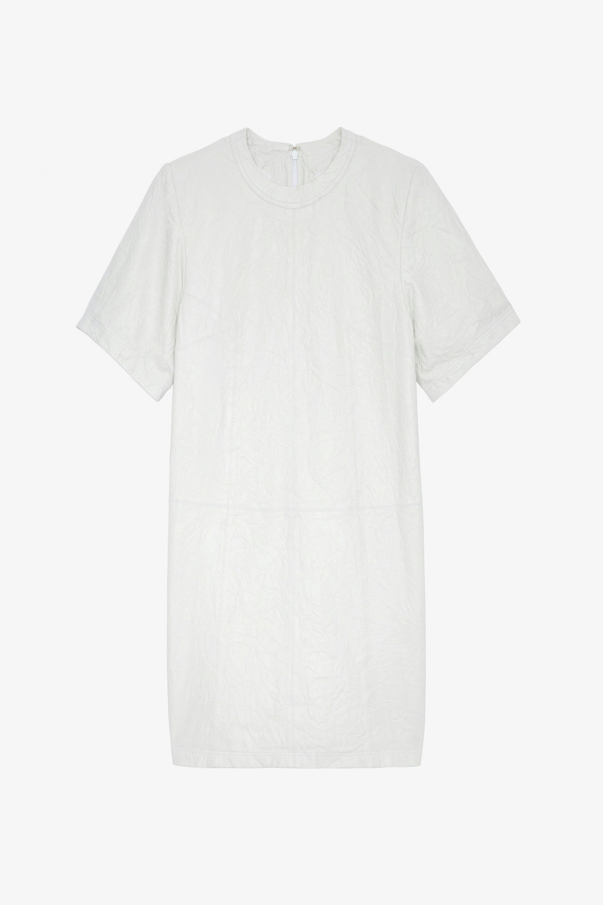 Riddy Crinkled Leather Dress - Women’s short white crinkled leather dress with short sleeves.