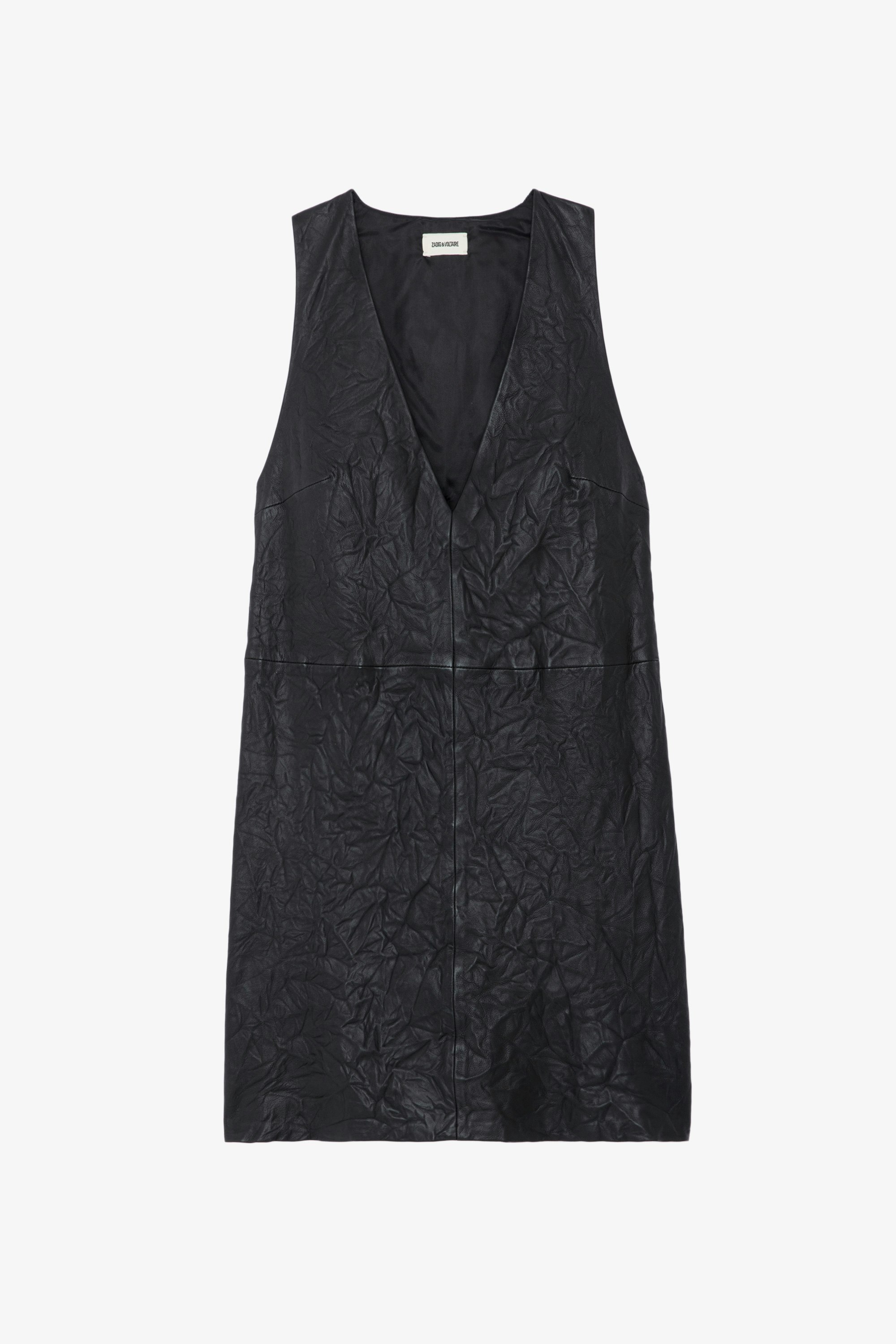 Rasha Crinkled Leather Dress - Short black crinkled leather sleeveless dress with V neckline.