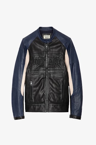 Blouson Late Biker Cuir - Blouson en cuir noir contrasté orné d'une signature Voltaire unisexe.