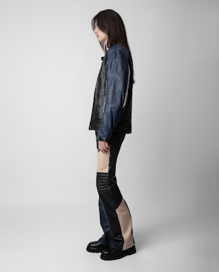 Blouson Late Biker Cuir - Blouson en cuir noir contrasté orné d'une signature Voltaire unisexe.